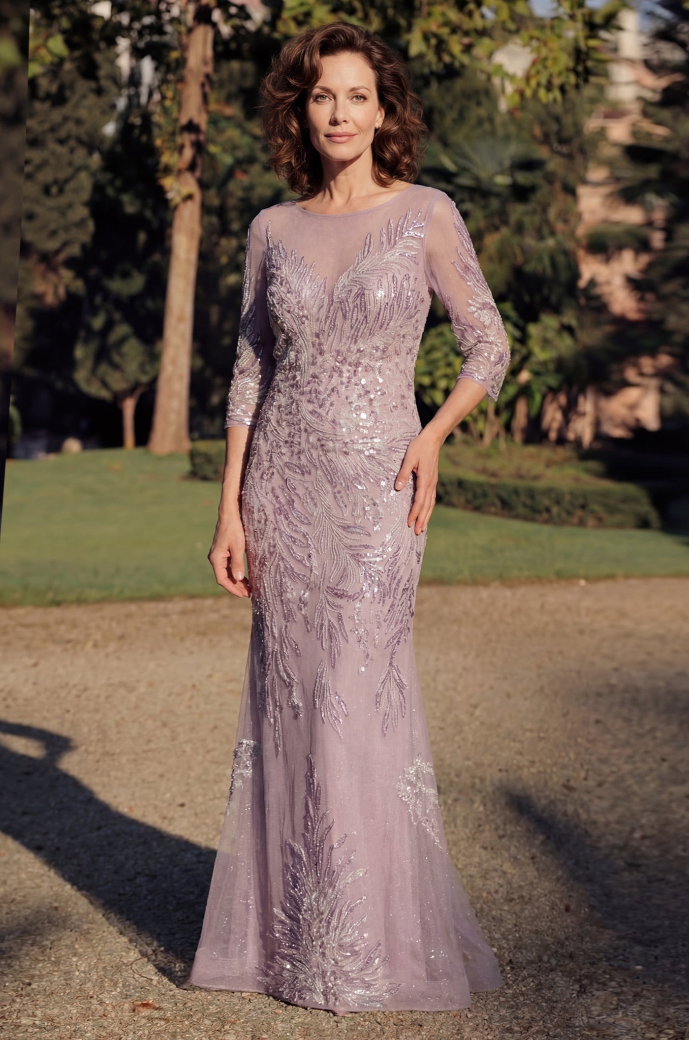 Long Sleeve Formal Feather Sequins Evening Dress